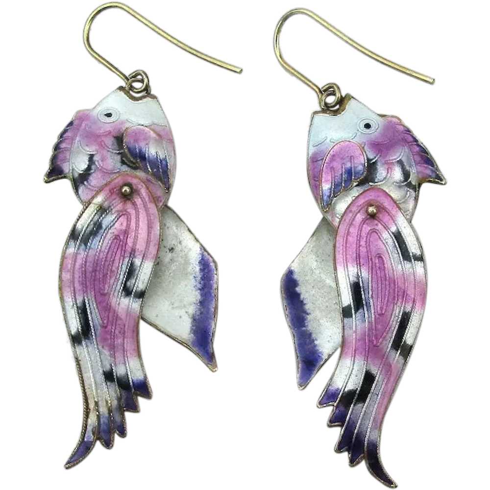 Vintage Enamel on Sterling Silver Fish Earrings A… - image 1