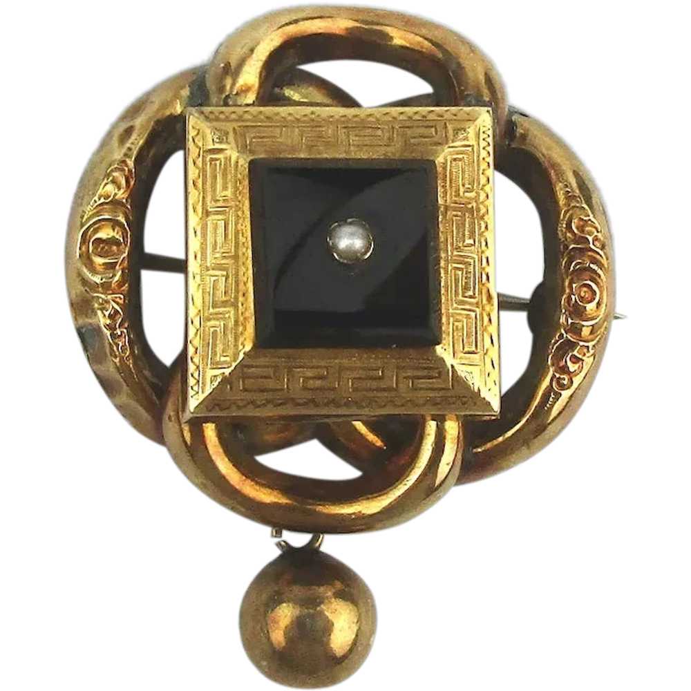 Victorian 10K Gold Pin w/ Black Stone Bead Dangle… - image 1