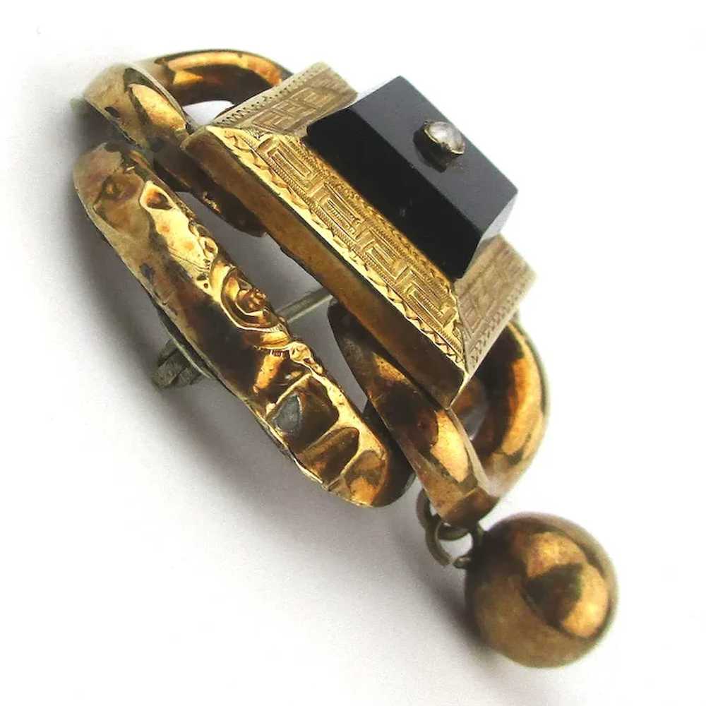 Victorian 10K Gold Pin w/ Black Stone Bead Dangle… - image 2