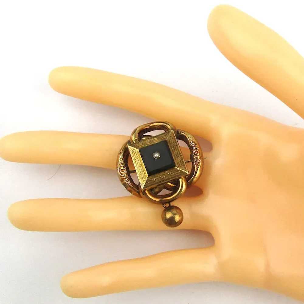 Victorian 10K Gold Pin w/ Black Stone Bead Dangle… - image 4