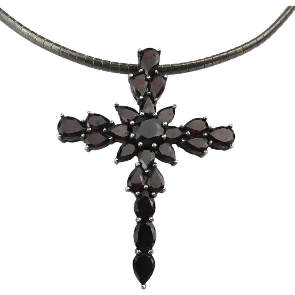 Vintage Sterling Silver Garnet Cross Necklace - image 1