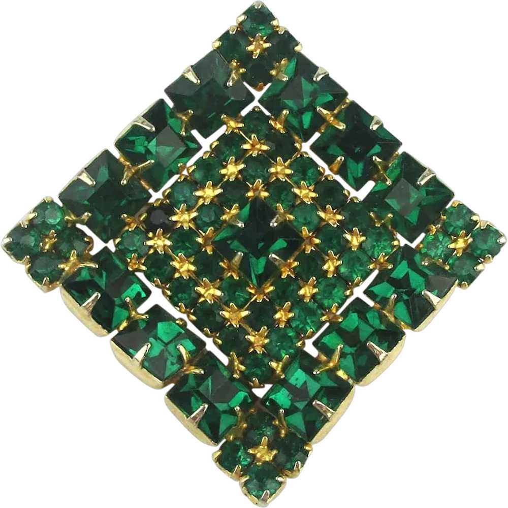 Double Green Rhinestone Pin Brooch w/ Shamrock - image 1