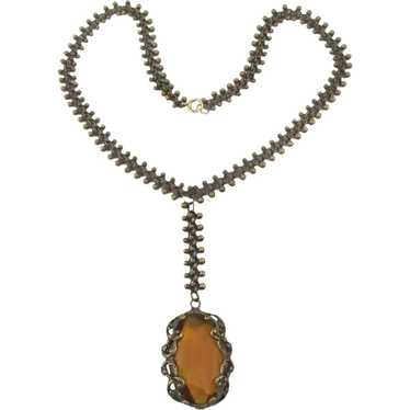 Victorian Amber Glass Drop Necklace w/ Unique Bum… - image 1