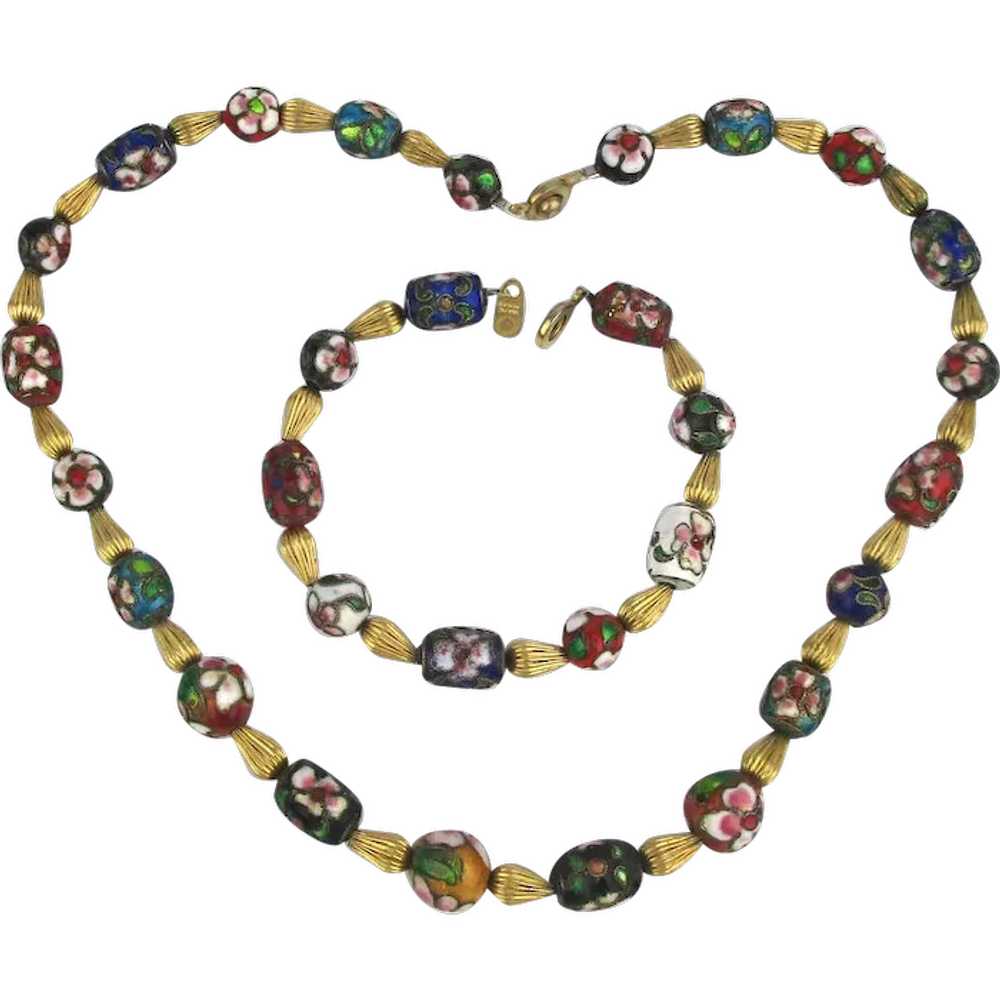 Vintage Enamel Bead Necklace Bracelet Set - image 1