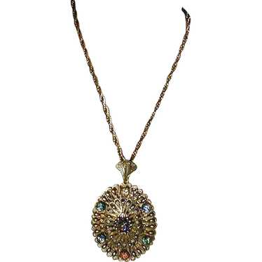 Huge Crown Trifari Sterling Silver Jeweled Pendan… - image 1