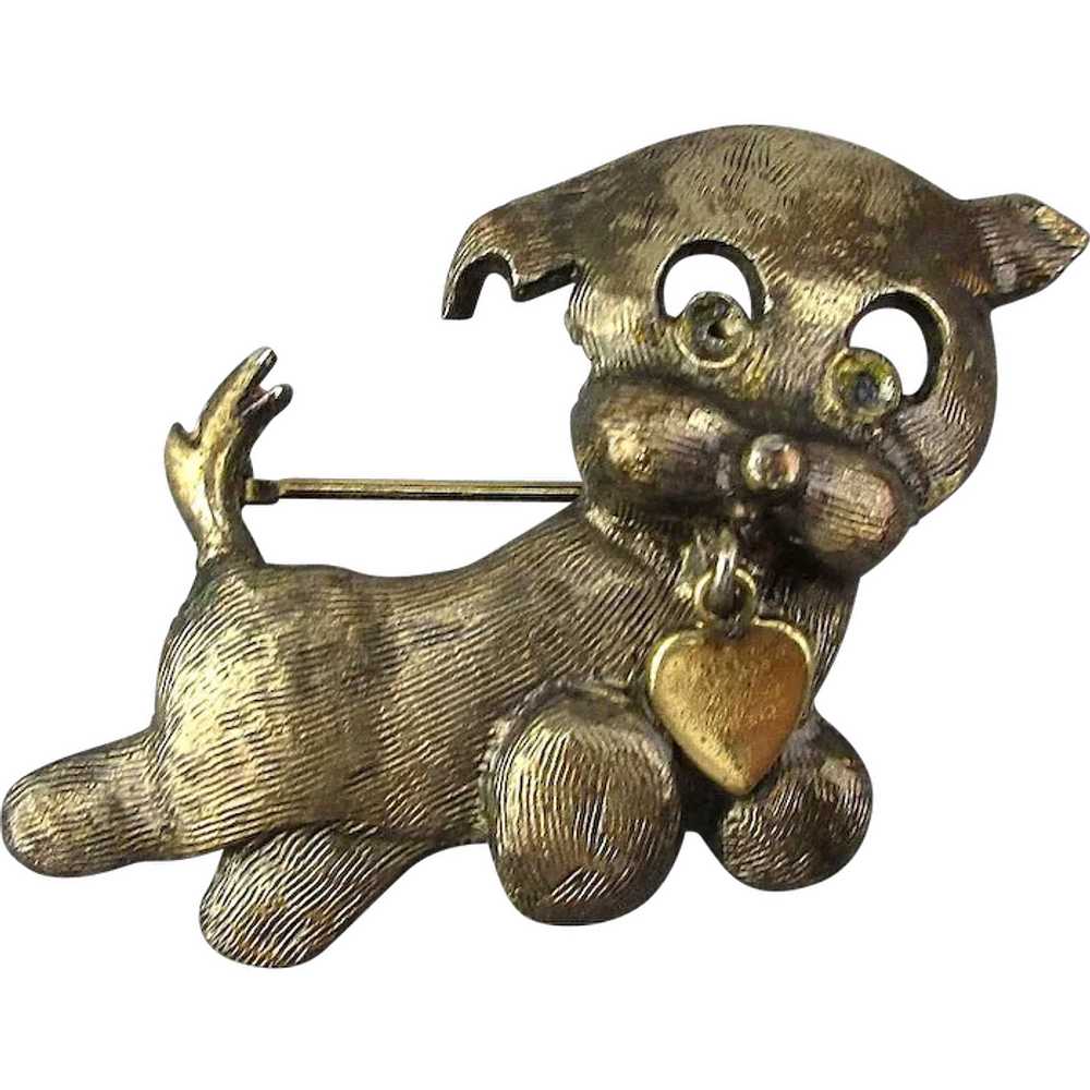 Vintage WELLS Gilded Sterling Silver Dog Pin w/ H… - image 1