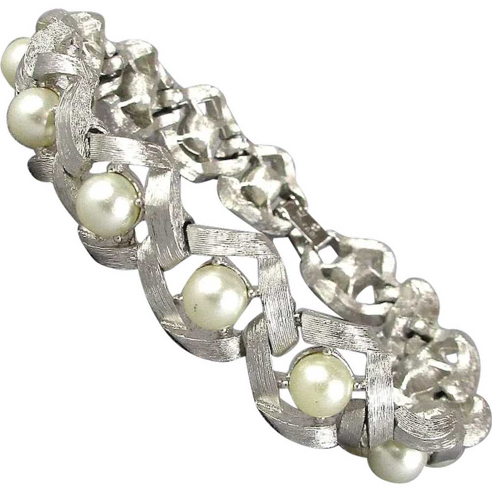 Crown Trifari Silvertone Link Bracelet w/ Faux Pe… - image 1