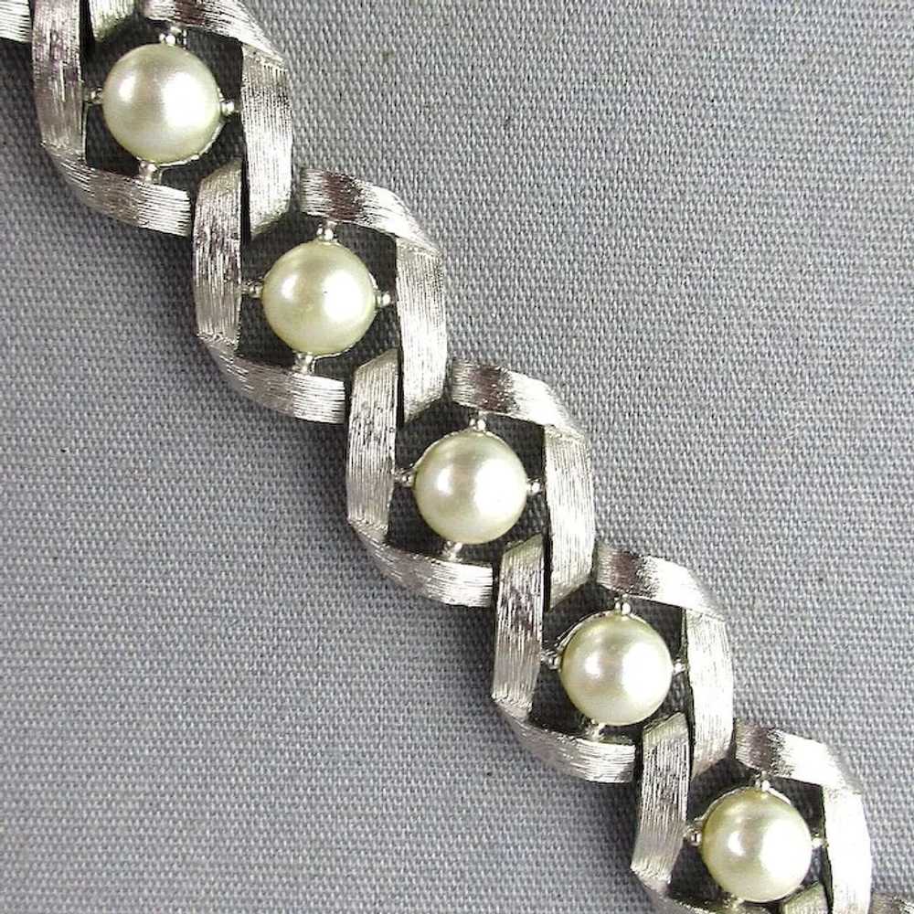 Crown Trifari Silvertone Link Bracelet w/ Faux Pe… - image 3
