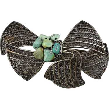 Old Chinese Export Silvertone Turquoise Bow Pin F… - image 1