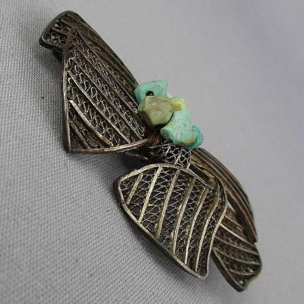 Old Chinese Export Silvertone Turquoise Bow Pin F… - image 2