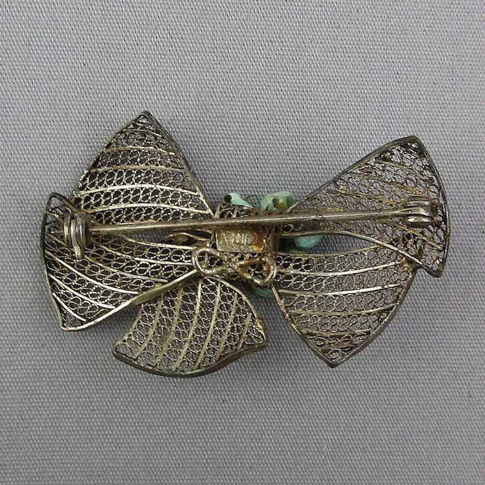 Old Chinese Export Silvertone Turquoise Bow Pin F… - image 3