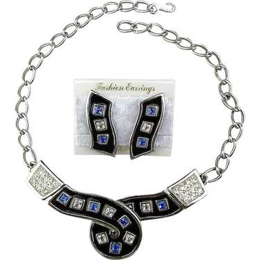 Modernist 1980s Necklace Earrings Set Rhinestones… - image 1