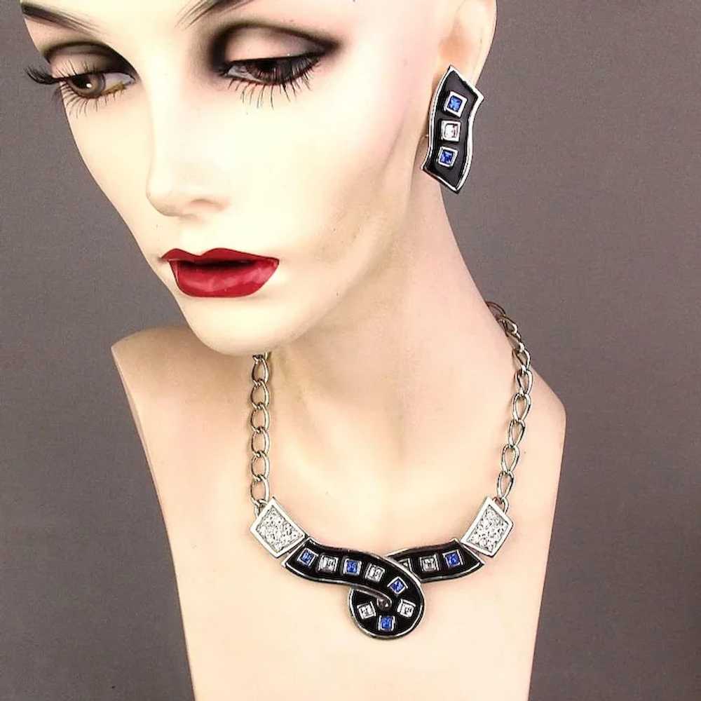 Modernist 1980s Necklace Earrings Set Rhinestones… - image 2
