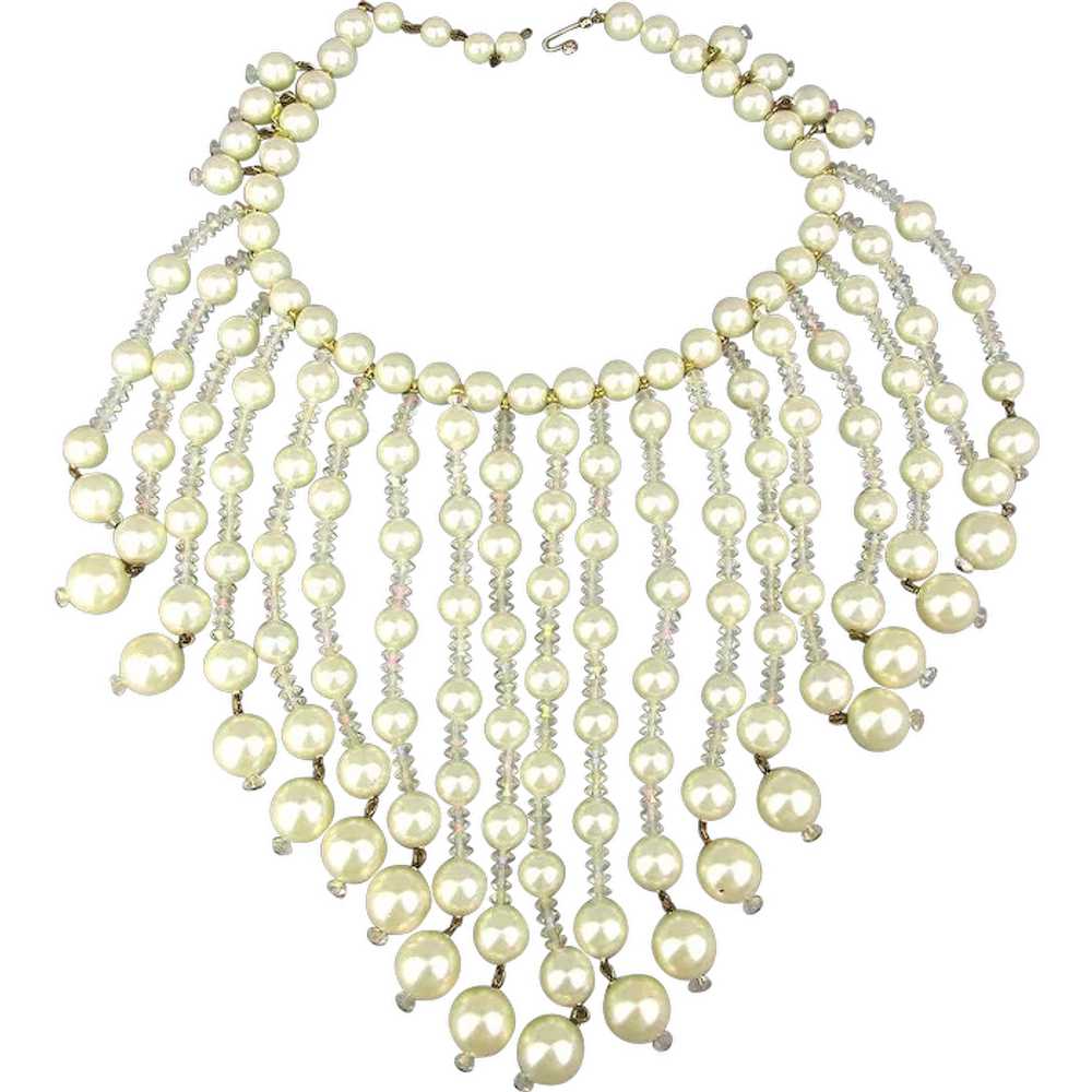Big Vintage Faux Pearl - Crystal Bead Bib Necklace - image 1