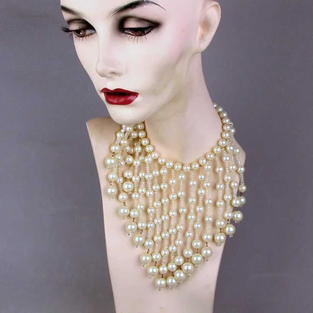Big Vintage Faux Pearl - Crystal Bead Bib Necklace - image 2