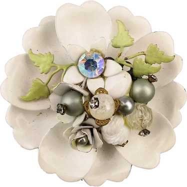 Big White Enamel Jeweled Flowers on Flower Pin