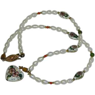 Cloisonne Fresh Water Pearl and Coral Necklace