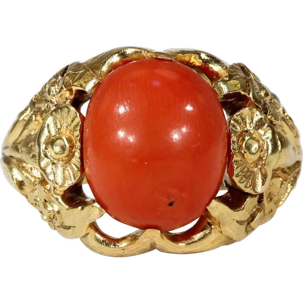 Antique Red Coral Button Ring with Floral Motif - image 1