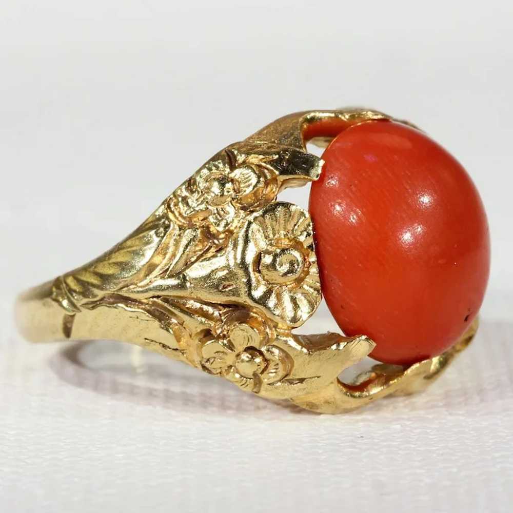 Antique Red Coral Button Ring with Floral Motif - image 2