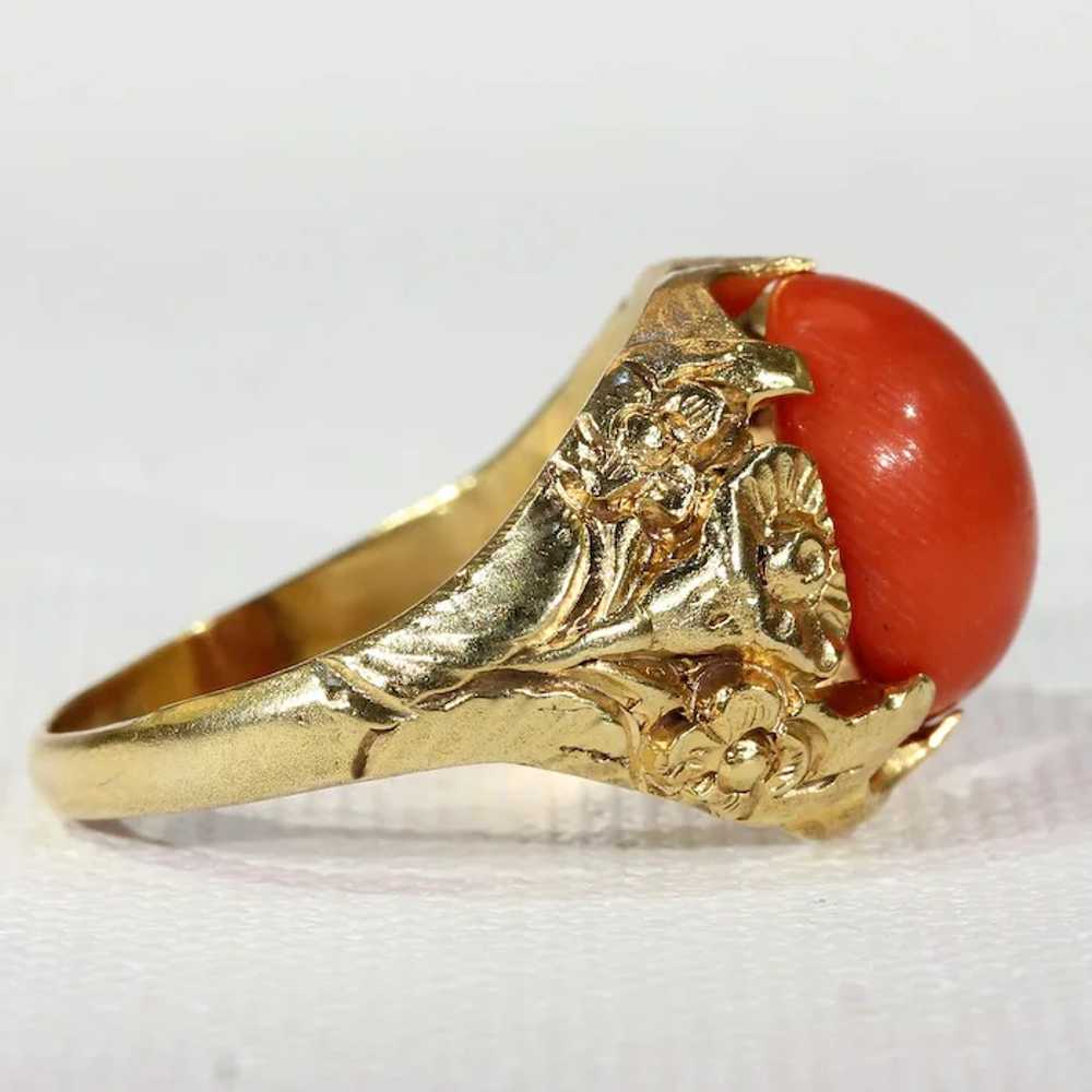 Antique Red Coral Button Ring with Floral Motif - image 3