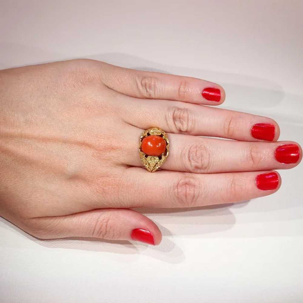 Antique Red Coral Button Ring with Floral Motif - image 5