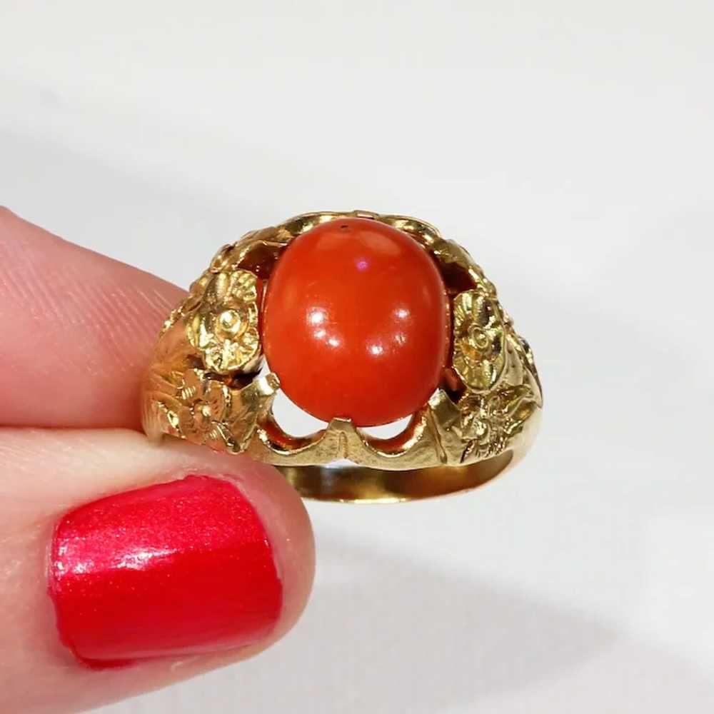 Antique Red Coral Button Ring with Floral Motif - image 6