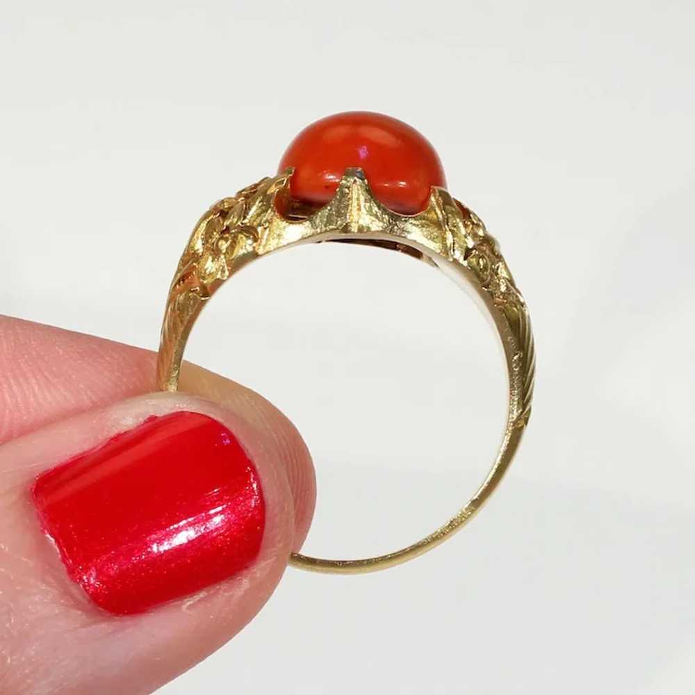 Antique Red Coral Button Ring with Floral Motif - image 7