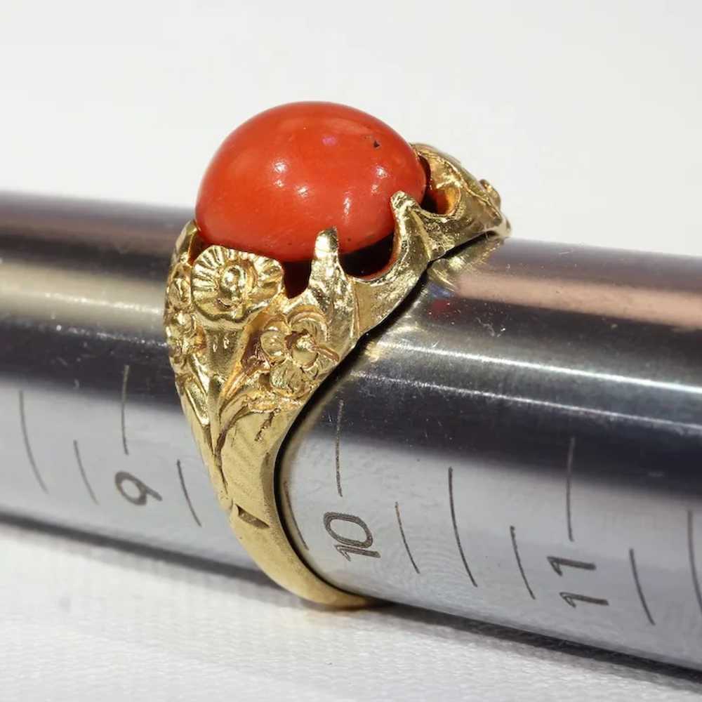 Antique Red Coral Button Ring with Floral Motif - image 8
