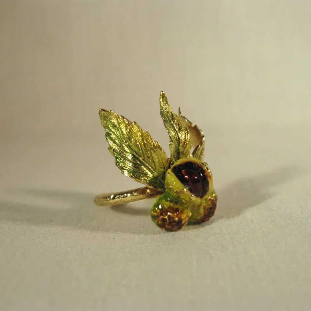 Art Nouveau 18K Gold, Enameled Chestnuts Ring C. … - image 2