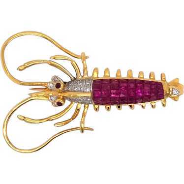 18K Yellow Gold Ruby and Diamond Lobster Brooch