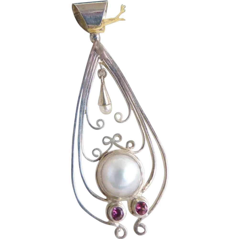 Vintage silver pendant amethyst faux pearl dangle - image 1