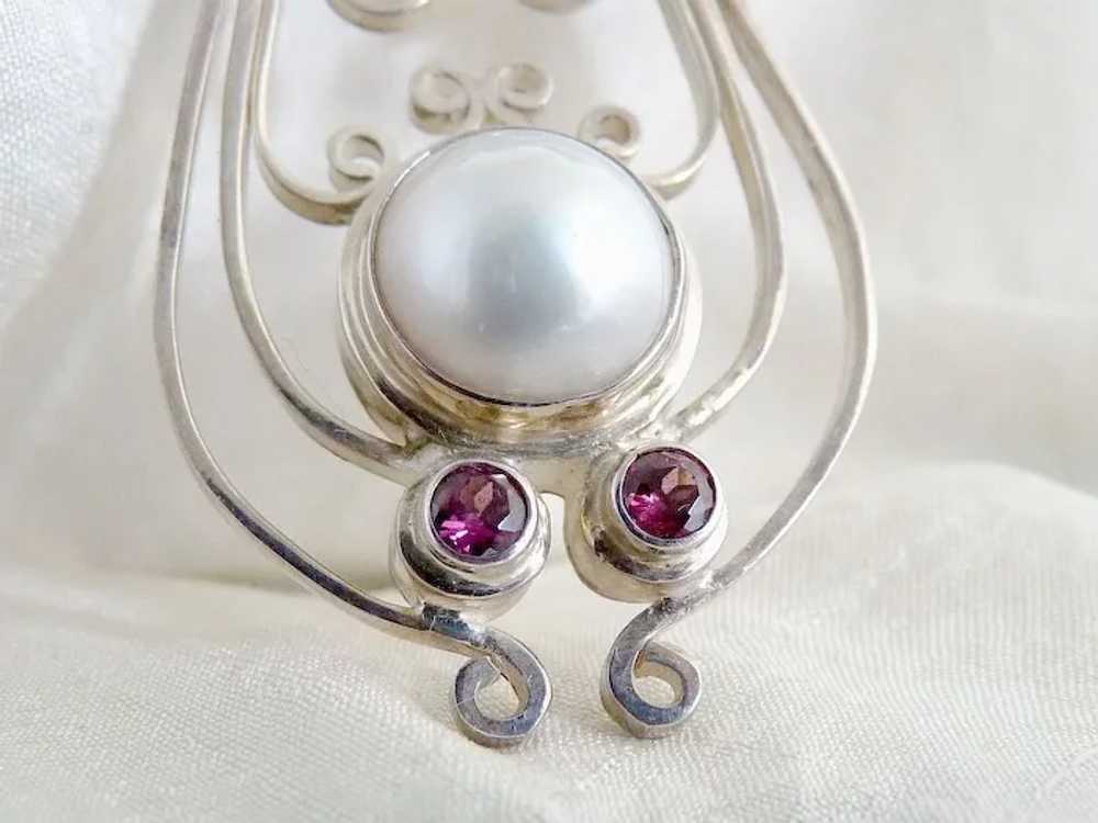 Vintage silver pendant amethyst faux pearl dangle - image 3