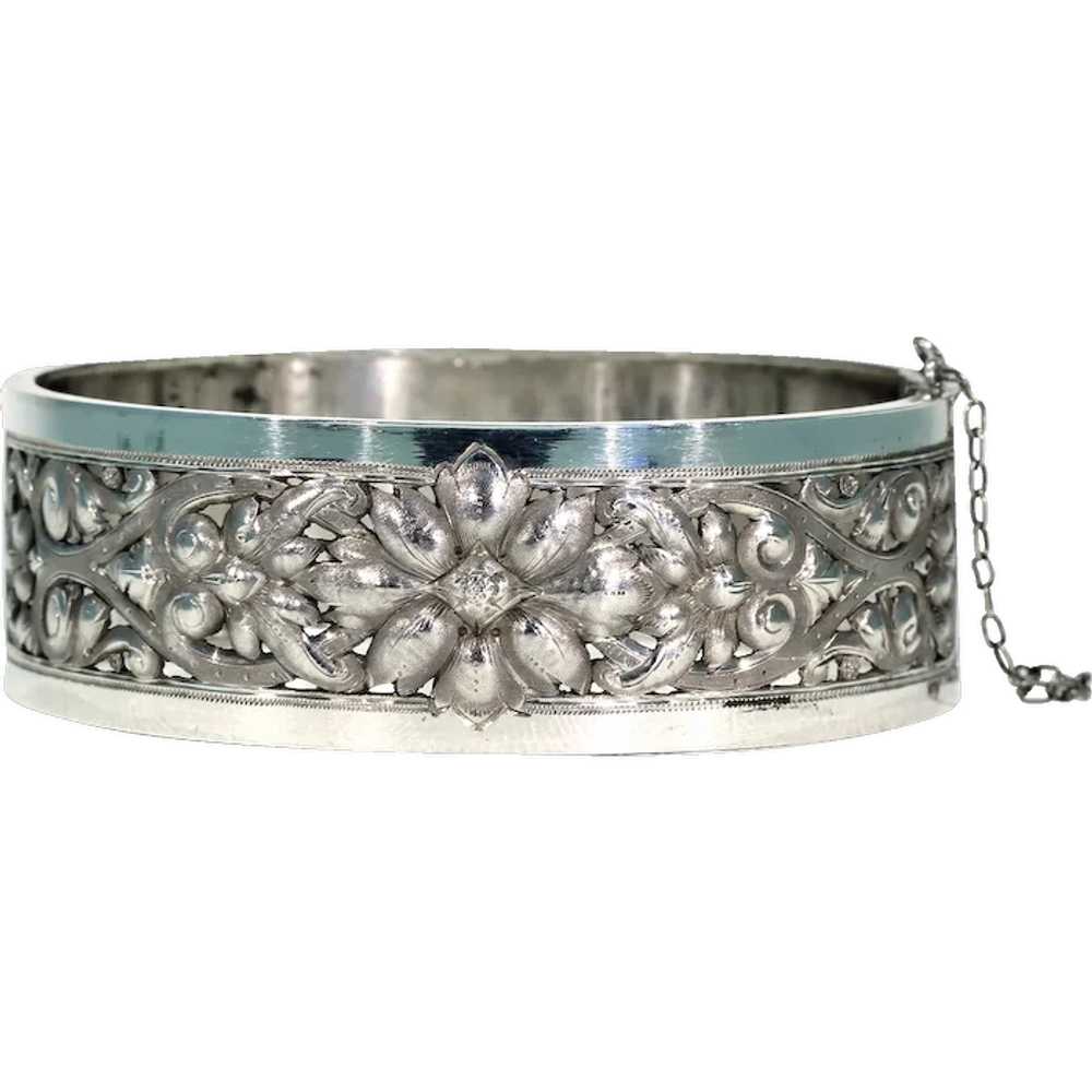 Antique French Repoussed Floral Silver Bangle - image 1