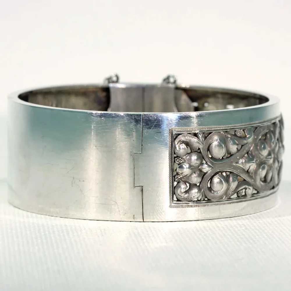 Antique French Repoussed Floral Silver Bangle - image 3