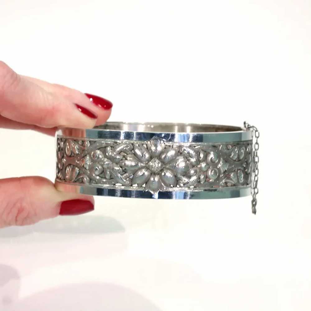 Antique French Repoussed Floral Silver Bangle - image 8