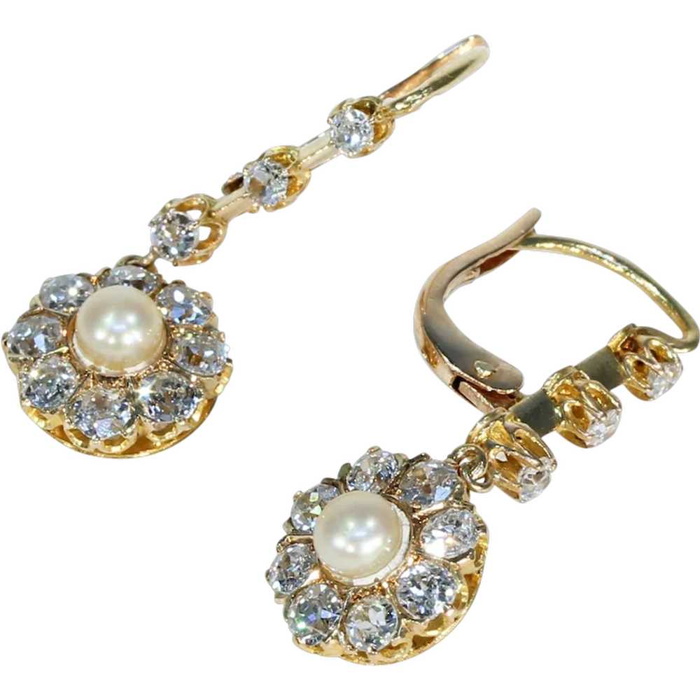 Antique Edwardian Diamond Pearl Cluster Earrings … - image 1