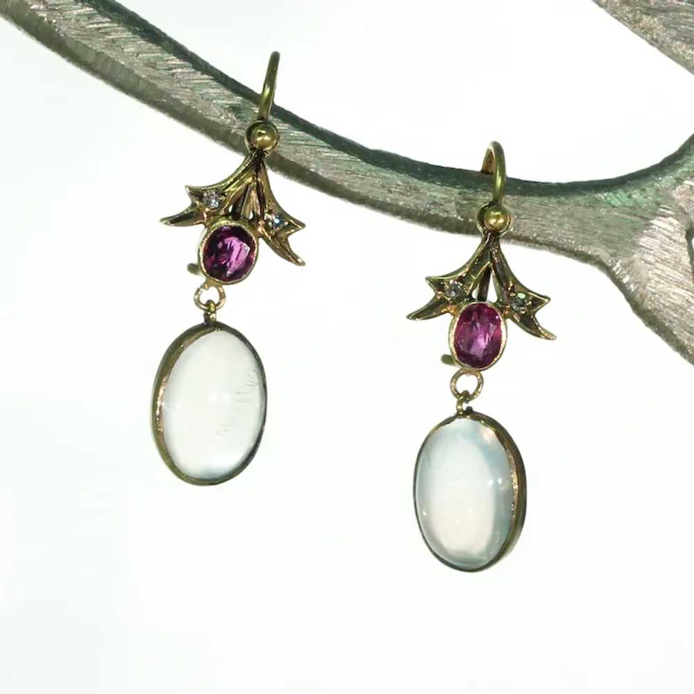 Edwardian Moonstone Garnet Diamond Gold Earrings - image 10