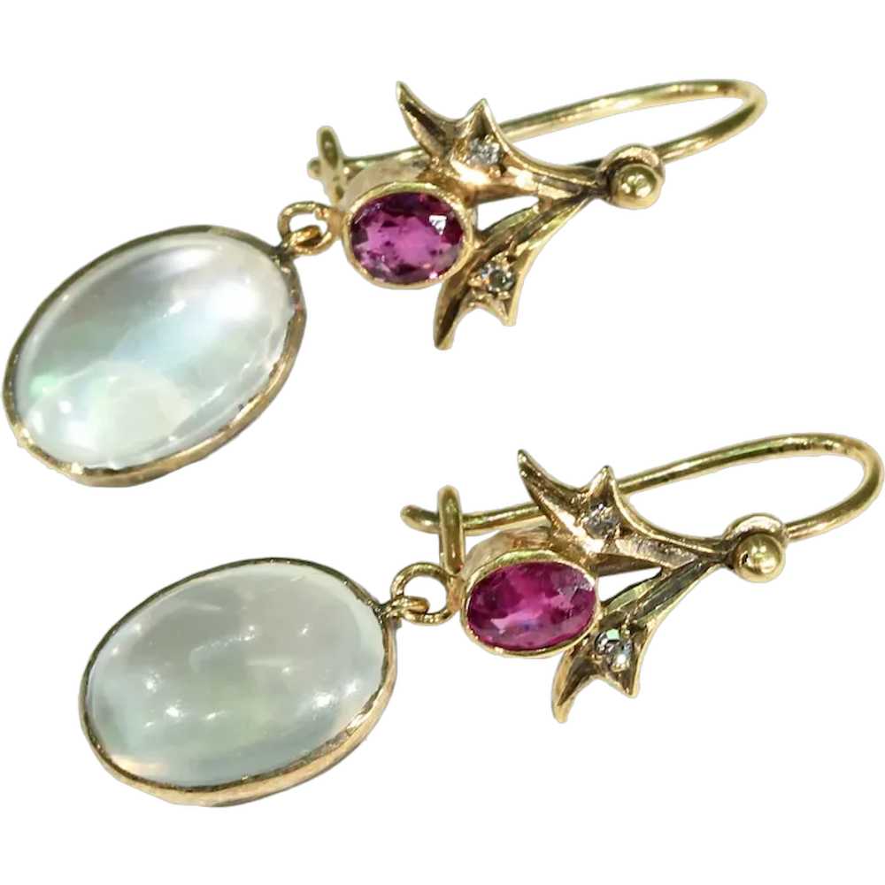 Edwardian Moonstone Garnet Diamond Gold Earrings - image 1