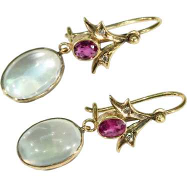 Edwardian Moonstone Garnet Diamond Gold Earrings - image 1