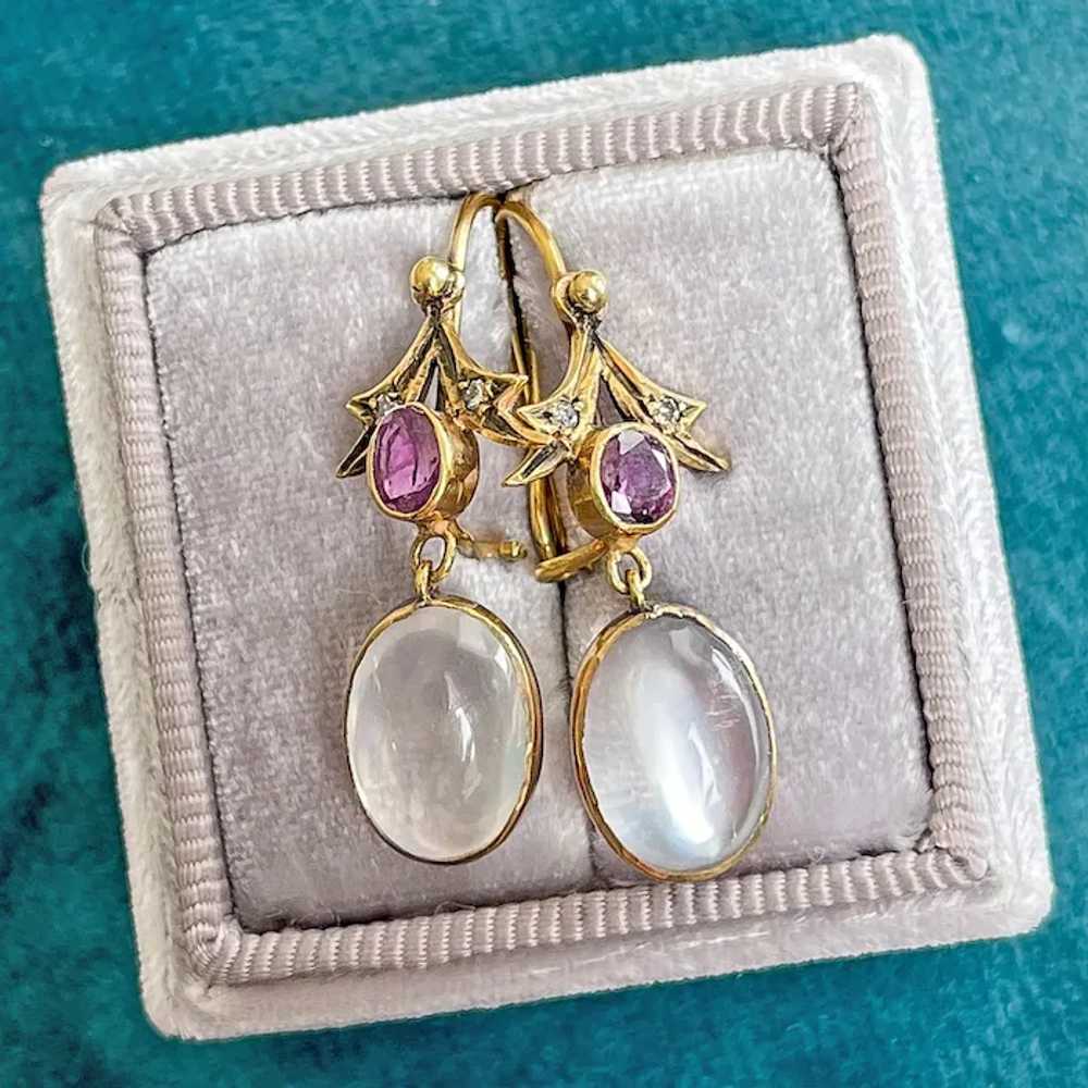 Edwardian Moonstone Garnet Diamond Gold Earrings - image 2