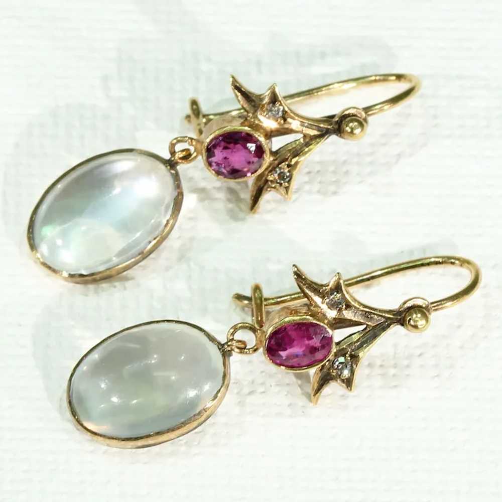 Edwardian Moonstone Garnet Diamond Gold Earrings - image 4