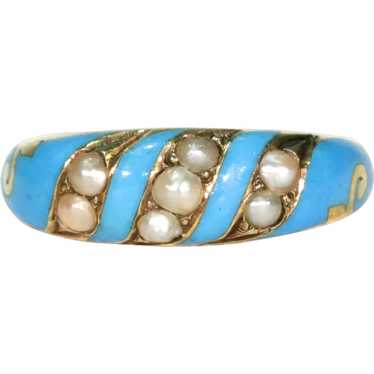 Victorian Blue Enamel Pearl Ring 15k Gold