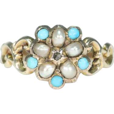 Antique Diamond Pearl Turquoise Cluster Ring Gold