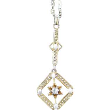 Edwardian 10K Diamond and Pearls Filigree Lavalie… - image 1