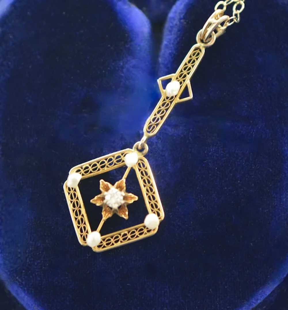 Edwardian 10K Diamond and Pearls Filigree Lavalie… - image 2