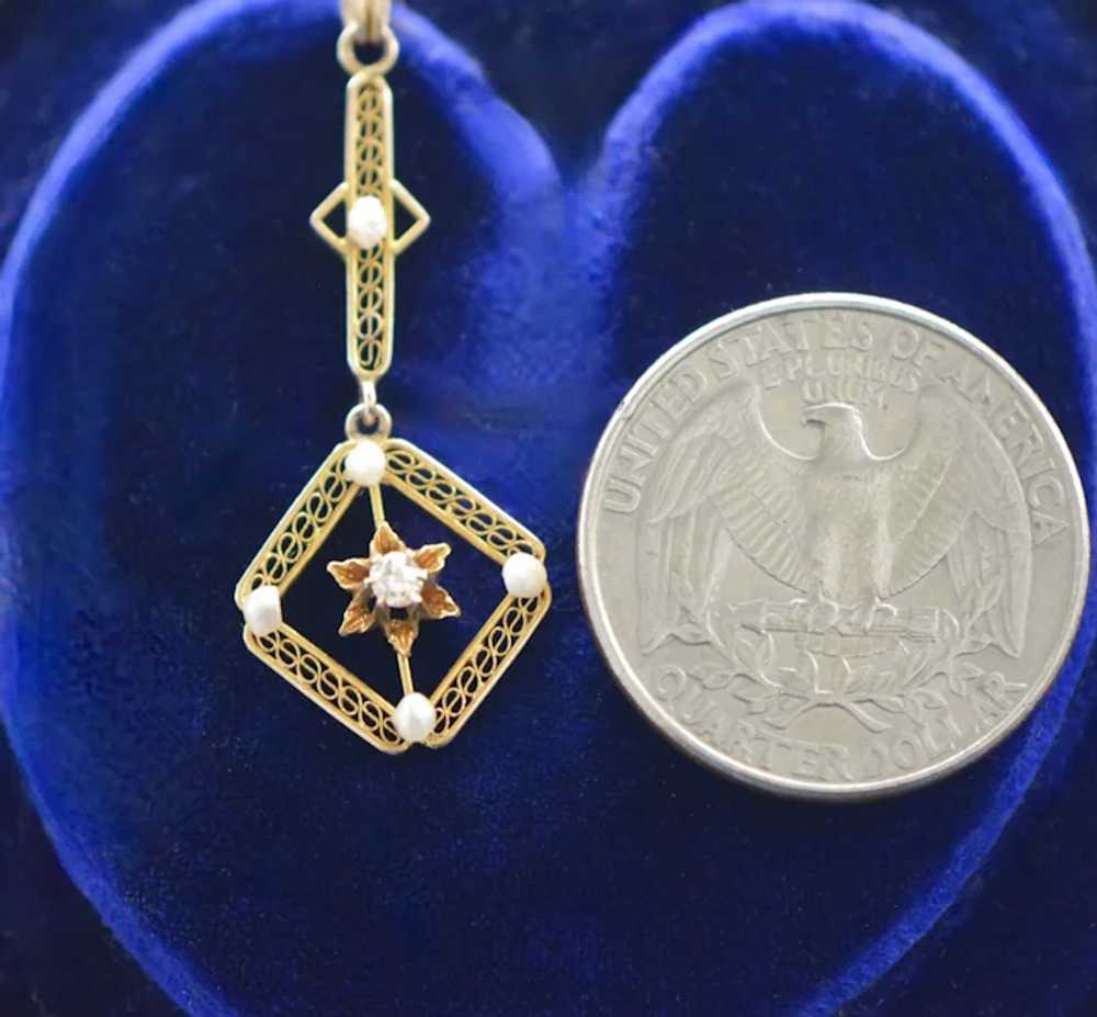 Edwardian 10K Diamond and Pearls Filigree Lavalie… - image 4