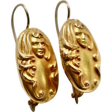 Art Nouveau 14k Lady Oval Drop Earrings - image 1