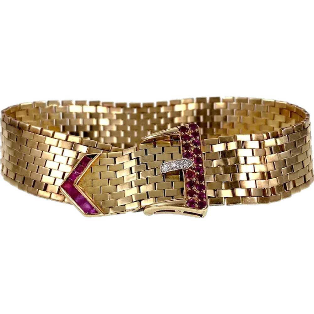 Retro 14K, Diamond & Ruby Buckle Bracelet - image 1