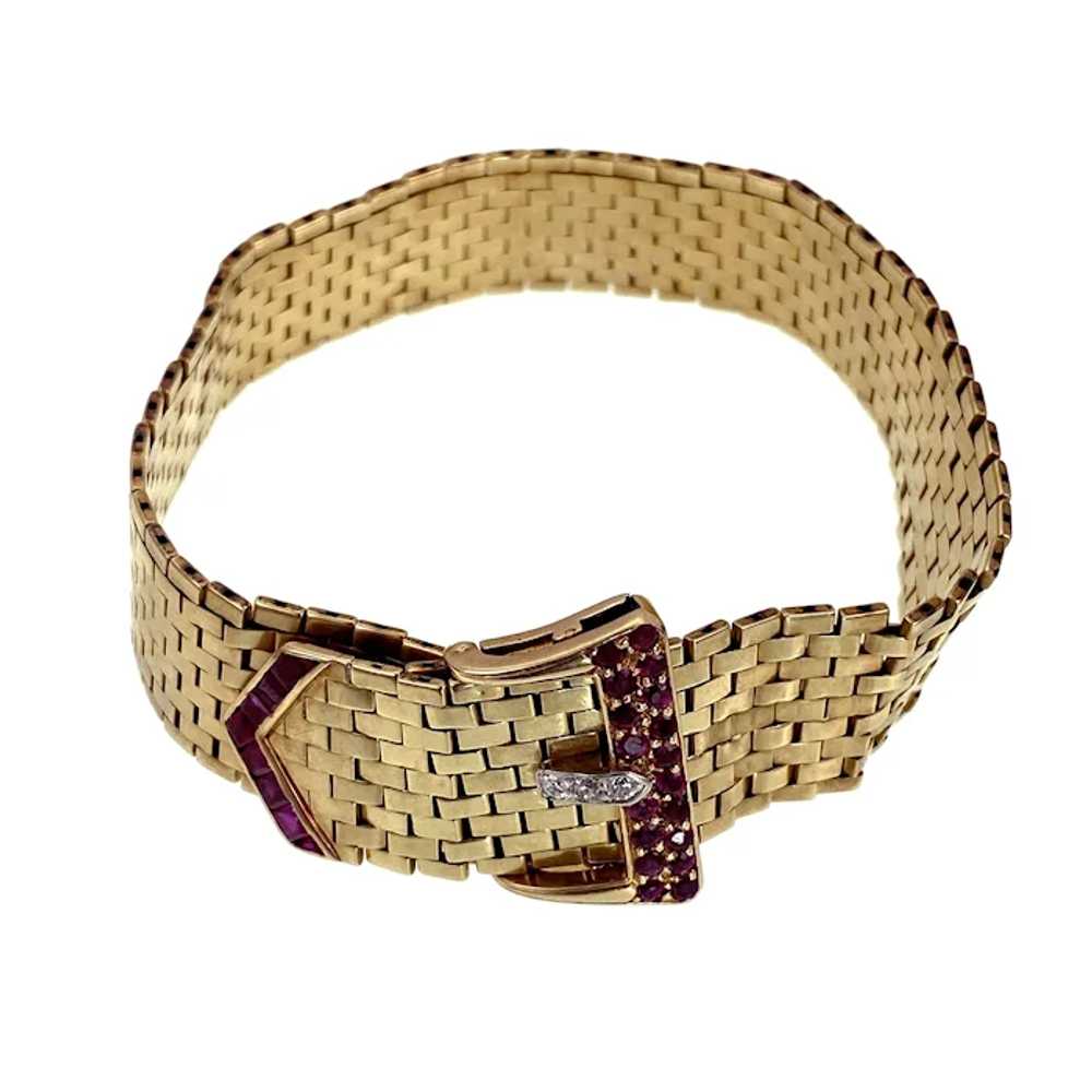 Retro 14K, Diamond & Ruby Buckle Bracelet - image 2