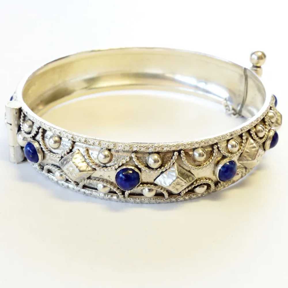 Sterling Silver Hinged Bangle - Blue Glass - image 2
